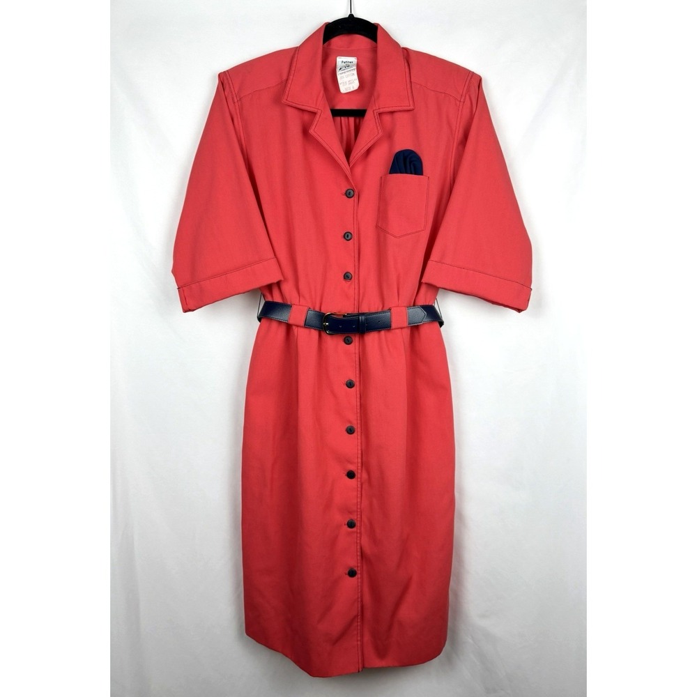 Vintage 80s Petites by Willi Shirt Dress Pink Navy Belted Utility Midi Size 8